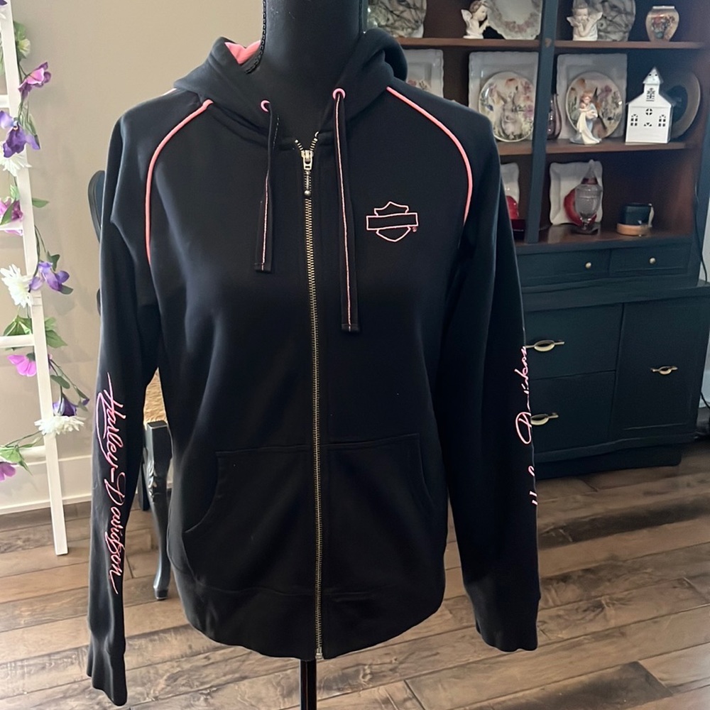 Harley Davidson Women Jacket Full Zip Hoodie Embroidered Pink and White Size M